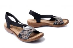 RIEKER 608B9-00 black, sandały damskie. Czarne sandały Rieker, bez wzorów, z gumy, bez obcasa, bez zapięcia. Za 289.90 zł.