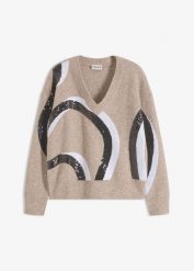 Sweter z aplikacją z cekinów. Brązowe swetry bonprix, z aplikacjami, bez ramiączek. Za 159.99 zł.