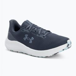 Buty do biegania damskie Under Armour Charged Pursuit 4 downpourdownpour gravel. Niebieskie buty do biegania Under Armour, bez wzorów, bez zapięcia, do biegania. Za 209.99 zł.