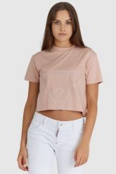 GUESS Krótki różowy t-shirt damski z logo. Czerwone t-shirty Guess, s, z aplikacjami, z bawełny, bez kołnierzyka, bez ramiączek. W wyprzedaży za 129.99 zł.