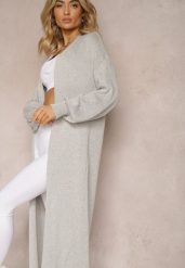 Szary Jednolity Kardigan o Przedłużonym Kroju ze Ściągaczami Terrin. Szare swetry Renee, bez wzorów, z jeansu, eleganckie, bez ramiączek. W wyprzedaży za 87.99 zł.