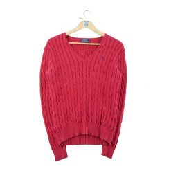 Second life - Sweter damski z dekoltem w serek czerwony - Jak nowy. Czerwone swetry Ralph Lauren, l, bez wzorów, z jeansu, casualowe, bez ramiączek. Za 212.96 zł.