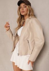 Jasnobeżowa Kurtka Typu Ramoneska ze Stójką o Taliowanym Kroju Zalithara. Brązowe kurtki Renee, s, bez wzorów, z jeansu, eleganckie, bez kaptura. Za 49.99 zł.