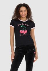 JUICY COUTURE Czarny t-shirt damski z wisienkami. Czarne t-shirty Juicy Couture, s, bez wzorów, bez kołnierzyka, bez ramiączek. W wyprzedaży za 259.99 zł.