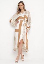 Beżowa Sukienka Kopertowa Kimono z Geometrycznym Wzorem i Wiązanym Paskiem Klerossa. Brązowe sukienki Born2be, l, bez wzorów, bez kołnierzyka, bez ramiączek, midi, kopertowe. W wyprzedaży za 127.49 zł.