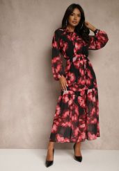 Czarno-Czerwona Sukienka o Pudełkowym Kroju w Kwiatowy Wzór Ozdobiona Paskiem Acexia. Czarne sukienki Renee, do pracy, l, z aplikacjami, biznesowe, bez kołnierzyka, bez ramiączek, maxi. Za 129.99 zł.