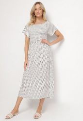 Biała Sukienka z Bawełny o Rozkloszowanym Kroju w Kropeczki Lisadrisa. Białe sukienki Born2be, na co dzień, m, bez wzorów, z bawełny, eleganckie, bez kołnierzyka, bez ramiączek, midi, rozkloszowane. Za 79.99 zł.