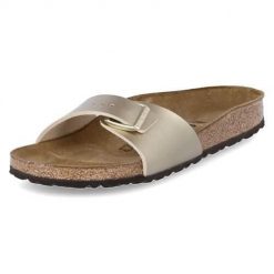 Klapki damskie Birkenstock Madrid. Żółte klapki Birkenstock, bez wzorów, z materiału, bez obcasa, bez zapięcia. Za 339.00 zł.