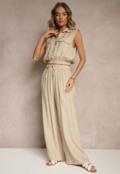 Ciemnobeżowy Komplet z Wiskozy Spodnie o Szerokim Kroju z Gumką w Talii Bluzka z Kieszeniami Risellesma. Brązowe bluzki Renee, m, bez wzorów, z wiskozy, eleganckie, bez kołnierzyka, bez ramiączek. Za 129.99 zł.
