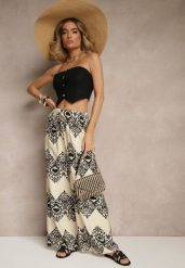 Czarne Spodnie z Wiskozy o Szerokim Kroju High Waist ze Wzorem Boho Neolissea. Czarne jeansy Renee, bez wzorów, z jeansu, boho, z podwyższonym stanem. W wyprzedaży za 29.99 zł.
