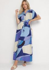 Niebieska Sukienka Rozkloszowana z Wiskozy w Geometryczny Wzór z Paskiem Ranislla. Niebieskie sukienki Born2be, na co dzień, l, bez wzorów, z wiskozy, eleganckie, bez kołnierzyka, bez ramiączek, maxi, rozkloszowane. Za 99.99 zł.