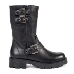 Czarne skórzane botki damskie na platformie ozdobione paskami Sergio Leone. Czarne botki bez wzorów, bez obcasa, na platformie, bez zapięcia. Za 327.28 zł.