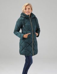 Długa kurtka pikowana. Zielone kurtki Unisono, s, bez wzorów, z tkaniny, bez kaptura. Za 399.00 zł.