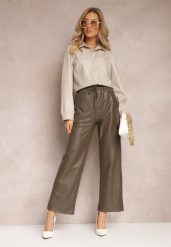 Zielone Spodnie z Szerokimi Nogawkami i Gumką w Talii z Imitacji Skóry Agasa. Zielone jeansy Renee, l, bez wzorów, z jeansu, eleganckie. W wyprzedaży za 51.99 zł.