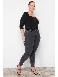 Trendyol Dżinsy - Slim fit - w kolorze antracytowym rozmiar: 42. Czarne jeansy Trendyol, bez wzorów, z podwyższonym stanem. Za 92.21 zł.