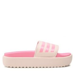Klapki adidas. Czerwone klapki adidas, bez wzorów, sportowe, bez obcasa, bez zapięcia. Za 229.99 zł.
