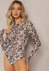 Czarno-Beżowe Body Ozdobione Kwiatami w Abstrakcyjnym Stylu Hlevina. Czarne body i gorsety Renee, bez wzorów, z dzianiny, bez ramiączek. W wyprzedaży za 50.99 zł.