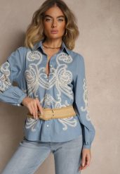 Niebieska Koszula z Bawełny z Haftem i Ażurowymi Zdobieniami Liovelle. Niebieskie koszule Renee, l, z aplikacjami, z bawełny, eleganckie, bez kołnierzyka, bez ramiączek. W wyprzedaży za 107.99 zł.