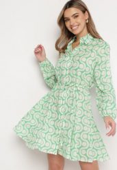 Zielono-Beżowa Bawełniana Sukienka Mini w Geometryczny Wzór Frenia. Zielone sukienki Born2be, l, bez wzorów, z bawełny, eleganckie, bez kołnierzyka, bez ramiączek, mini, koszulowe. W wyprzedaży za 55.24 zł.
