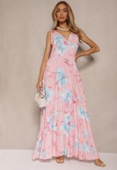 Różowa Plisowana Sukienka o Rozkloszowanym Fasonie na Szerokich Ramiączkach Nitanela. Czerwone sukienki Renee, na imprezę, l, bez wzorów, z materiału, eleganckie, bez kołnierzyka, bez ramiączek, maxi, plisowane. W wyprzedaży za 99.99 zł.