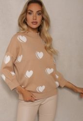 Ciemnobeżowy Sweter z Wiskozą i Modalem Ozdobiony Sercami Zeanisia. Brązowe swetry Renee, l, bez wzorów, z jeansu, casualowe, bez ramiączek. W wyprzedaży za 95.99 zł.
