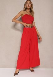 Czerwone Spodnie o Szerokim Kroju High Waist Ozdobione Paskiem Rasalle. Czerwone jeansy Renee, z aplikacjami, z jeansu, eleganckie, z podwyższonym stanem. W wyprzedaży za 67.99 zł.