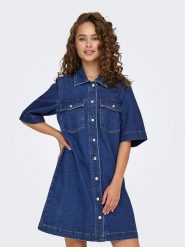 ONLY Sukienka dżinsowa w kolorze niebieskim rozmiar: XL. Niebieskie sukienki ONLY, na co dzień, xl, bez wzorów, z bawełny, bez kołnierzyka, bez ramiączek, mini, proste. Za 122.96 zł.