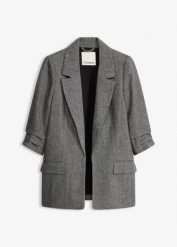 Długi żakiet z kołnierzykiem z klapkami. Czarne marynarki i żakiety bonprix, bez wzorów, eleganckie, bez ramiączek. Za 249.99 zł.