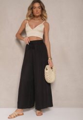 Czarne Szerokie Spodnie High Waist Ozdobione Wiązaniem Telonia. Czarne jeansy Renee, xl, bez wzorów, z jeansu, eleganckie, z podwyższonym stanem. W wyprzedaży za 29.99 zł.