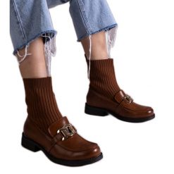 Brązowe botki z materiałową cholewką. Brązowe botki bez wzorów, z materiału, eleganckie, bez obcasa, bez zapięcia. Za 89.18 zł.