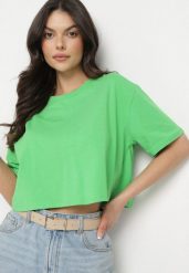 Jasnozielony Krótki T-shirt Oversize Lilu. Zielone t-shirty Born2be, l, bez wzorów, bez kołnierzyka, bez ramiączek. W wyprzedaży za 25.49 zł.