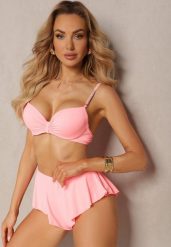 Jasnoróżowe Bikini Usztywniany Biustonosz z Cyrkoniami i Spodenki Kąpielowe Wykończone Gumką w Pasie Rilamia. Czerwone bikini Renee, z aplikacjami, eleganckie. W wyprzedaży za 83.99 zł.