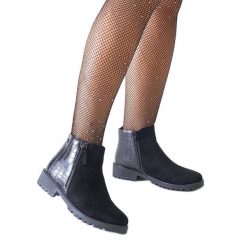 Czarne botki z motywem skóry krokodyla eko-zamsz Mifsada. Czarne botki bez wzorów, z gumy, eleganckie, za kostkę, bez obcasa, na obcasie, bez zapięcia. Za 101.26 zł.