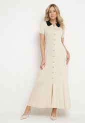 Jasnobeżowa Rozkloszowana Sukienka Retro z Wiskozy z Guzikami i Kołnierzykiem Andival. Brązowe sukienki Born2be, na co dzień, z aplikacjami, z wiskozy, eleganckie, bez kołnierzyka, bez ramiączek, maxi, proste. W wyprzedaży za 161.49 zł.