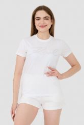 KARL LAGERFELD Biały t-shirt Rhinestone Logo. Białe t-shirty KARL LAGERFELD, xs, bez wzorów, bez kołnierzyka, bez ramiączek. W wyprzedaży za 299.99 zł.
