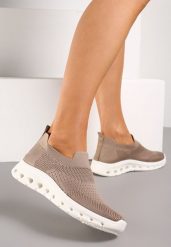 Ciemnobeżowe Buty Sportowe ze Skarpetkową Cholewką do Kostki Eirona. Brązowe buty sportowe lifestyle Born2be, bez wzorów, bez zapięcia. Za 99.99 zł.