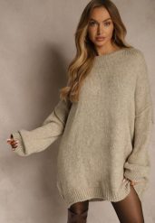 Beżowy Sweter Oversize z Wełną i Wiskozą Fedolina. Brązowe swetry Renee, m, bez wzorów, z jeansu, casualowe, bez ramiączek. Za 189.99 zł.