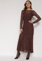 Brązowa Koronkowa Sukienka Taliowana z Odkrytymi Plecami Talifera. Brązowe sukienki Born2be, s, bez wzorów, z koronki, eleganckie, bez kołnierzyka, bez ramiączek, maxi. Za 159.99 zł.