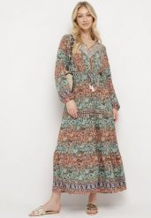 Zielona Sukienka Rozkloszowana z Falbanką w Print Paisley Kapiss. Zielone sukienki Born2be, l, bez wzorów, eleganckie, bez kołnierzyka, bez ramiączek, maxi, rozkloszowane. W wyprzedaży za 84.99 zł.