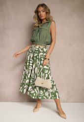 Zielone Szerokie Spodnie Culottes z Gumką Zdobione Geometrycznym Printem Sartebia. Zielone jeansy Renee, z aplikacjami, z jeansu, eleganckie. W wyprzedaży za 32.99 zł.