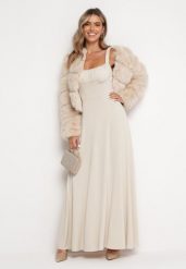 Jasnobeżowa Rozkloszowana Sukienka Maxi z Wiązanymi Ramiączkami Lisija. Brązowe sukienki Born2be, m, bez wzorów, eleganckie, bez kołnierzyka, bez ramiączek, maxi, rozkloszowane. Za 189.99 zł.
