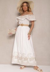 Biała Sukienka Boho o Kroju Hiszpanki Zdobiona Haftem i Paskiem z Klamrą Vallisca. Białe sukienki Renee, na co dzień, l, z aplikacjami, z poliesteru, boho, bez kołnierzyka, bez ramiączek, maxi, kopertowe. W wyprzedaży za 143.99 zł.