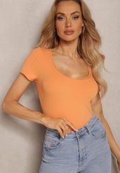 Pomarańczowa Bluzka z Trójkątnym Dekoltem z Koronką Thisalla. Brązowe bluzki Renee, l, bez wzorów, z bawełny, eleganckie, bez kołnierzyka, bez ramiączek. W wyprzedaży za 51.99 zł.