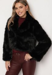 Czarna Futerkowa Kurtka o Krótkim Kroju z Eleganckim Kołnierzem Tazamisa. Czarne kurtki Born2be, m, bez wzorów, z jeansu, eleganckie, bez kaptura. Za 199.99 zł.