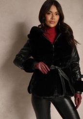 Czarna Kurtka Futerko z Ekoskórzanymi Rękawami z Klamrami Kapturem i Wiązanym Paskiem Mesizelle. Czarne kurtki Renee, l, z aplikacjami, z futra, eleganckie. W wyprzedaży za 176.24 zł.