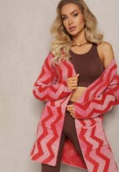 Czerwony Luźny Kardigan Niezapinany w Geometryczny Print Sheshy. Czerwone swetry Renee, bez wzorów, z dzianiny, eleganckie, bez ramiączek. W wyprzedaży za 111.99 zł.