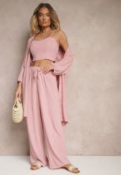Ciemnoróżowy Komplet Spodnie z Gumką w Pasie Top i Długa Koszula Arives. Czerwone koszule Renee, l, bez wzorów, bez kołnierzyka, bez ramiączek. Za 119.99 zł.