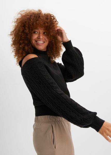 Sweter cold-shoulder. Szare swetry bonprix, bez wzorów, bez ramiączek. Za 114.99 zł.