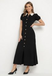 Czarna Rozkloszowana Sukienka Retro z Wiskozy z Guzikami i Kołnierzykiem Andival. Czarne sukienki Born2be, na co dzień, z aplikacjami, z wiskozy, eleganckie, bez kołnierzyka, bez ramiączek, maxi, proste. W wyprzedaży za 144.49 zł.