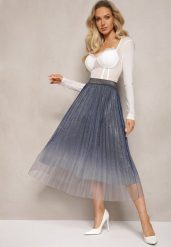 Granatowa Spódnica z Siateczki Ozdobionej Brokatem z Gumką w Talii Henizia. Niebieskie spódnice Renee, s, bez wzorów, eleganckie, midi. W wyprzedaży za 35.99 zł.